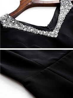 V-Neck Open Shoulder Crystal-Embellished Peplum Dresses