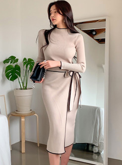 Sexy Long Sleeve Belted Knit Sheath Dresses