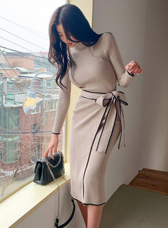 Sexy Long Sleeve Belted Knit Sheath Dresses