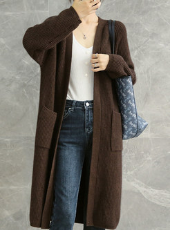 Casual Thick Long Open Front Knitted With Pockets