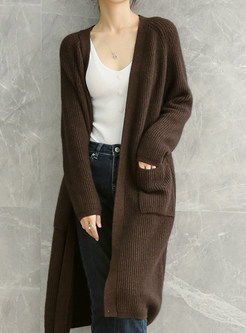 Casual Thick Long Open Front Knitted With Pockets