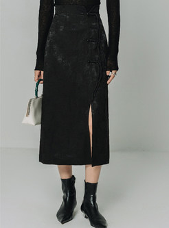 Side Slit Vintage Jacquard Black Tight Skirts For Women