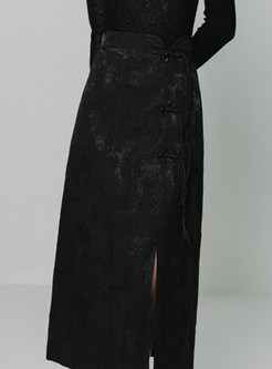 Side Slit Vintage Jacquard Black Tight Skirts For Women