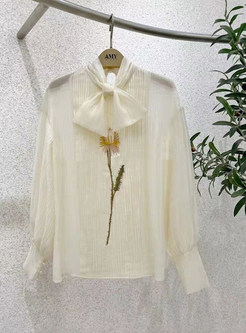 Bow Neck Lantern Sleeve White Blouses & Embroidered Skorts For Women