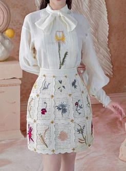 Bow Neck Lantern Sleeve White Blouses & Embroidered Skorts For Women