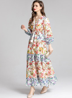 V-Neck Long Sleeve Floral Print Flowy Party Maxi Dresses
