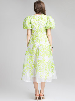 V-Neck Short Sleeve Embroidery Green Party Dresses
