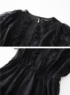 Short Sleeve Black Lace Prom Dresses