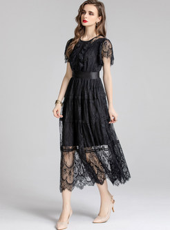 Short Sleeve Black Lace Prom Dresses