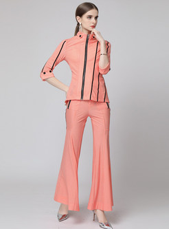 Women's Long Sleeve Short Striped Jacket and Flare Pant Suit