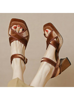Suede Color Contrast Square Toe Sandals For Women