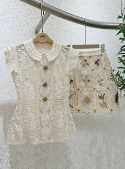 Fashion Openwork Embroidered Single-Breasted Skirt Sets