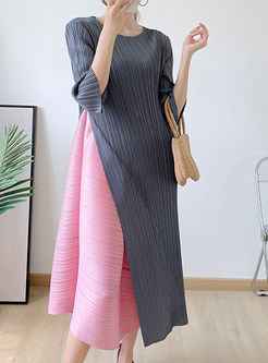Crewneck Half Sleeve Color Contrast Plus Size Dresses
