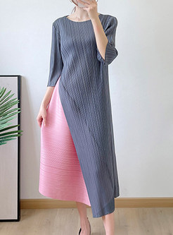 Crewneck Half Sleeve Color Contrast Plus Size Dresses