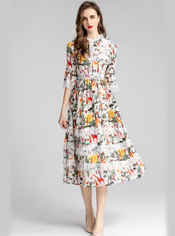 Lace-Trimmed Patch Allover Print Skater Dresses
