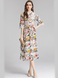 Lace-Trimmed Patch Allover Print Skater Dresses
