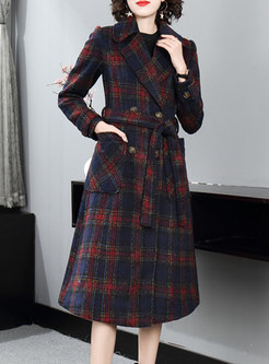 Women's Double Breasted Plaid Wool Long Coat