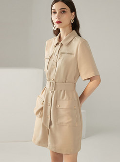 Women's Short Sleeve Button Down Pocket Design Short Dresses