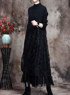 Women's Long Sleeve Lace Matched Knit Maxi Dresses