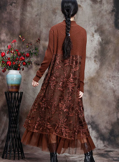 Women's Long Sleeve Lace Matched Knit Maxi Dresses