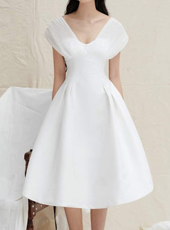 Glamorous V-Neck Short Sleeve Big Hem Prom Dresses