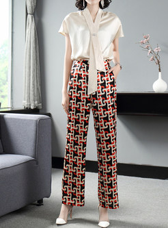 Smooth V-Neck Tops & Floral Print Straight Pants Suits For Women