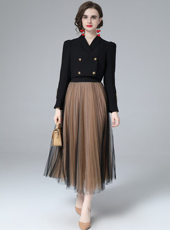 Premium Lapel Solid Color Blazers & Mesh Long Skirts