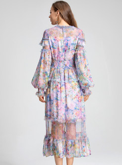 Floral Print Mesh Transparent Midi Dresses