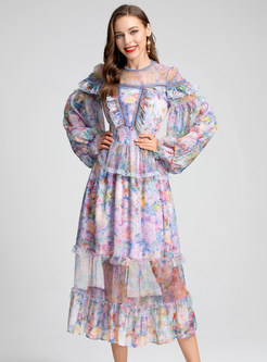 Floral Print Mesh Transparent Midi Dresses