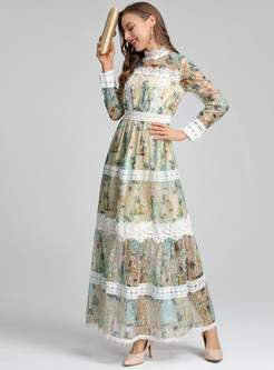 Mockneck Lace Splicing Allover Print Maxi Dresses