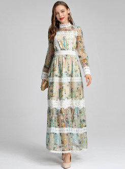 Mockneck Lace Splicing Allover Print Maxi Dresses