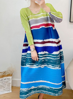 Crew Neck Colorful Striped 3/4 Sleeve Plus Size Dresses