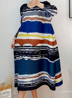 Crew Neck Colorful Striped 3/4 Sleeve Plus Size Dresses