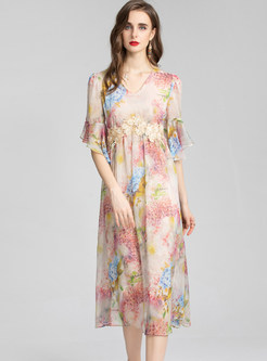 V-Neck Flutter Sleeve Chiffon Floral Print Midi Dresses