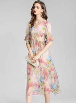 V-Neck Flutter Sleeve Chiffon Floral Print Midi Dresses