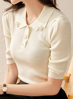 Shirt Collar Pearl Decoration Knit Tops For Women