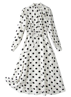 Mockneck Minimalist Polka Dot Pleated Cocktail Dresses