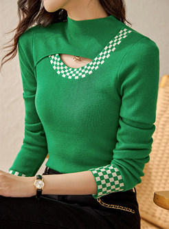 Fashion Checkerboard Patchwork Tight Ladies Knitted Jumper