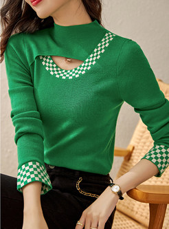 Fashion Checkerboard Patchwork Tight Ladies Knitted Jumper