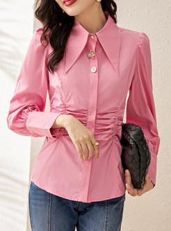 Turn-Down Collar Fitted Shirred Ladies Work Blouses