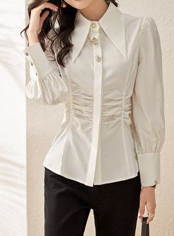 Turn-Down Collar Fitted Shirred Ladies Work Blouses