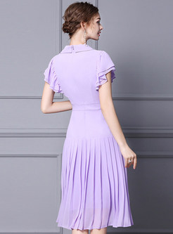 Light Purple Ruffle Embroidered Pleated Dress