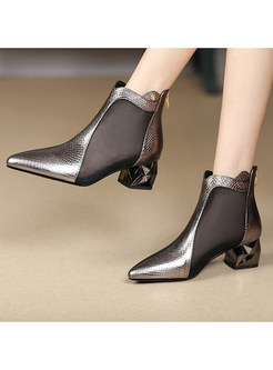 Pointed Toe Patent Leather Mesh Patch Bootie For Women