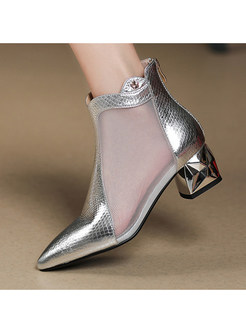 Pointed Toe Patent Leather Mesh Patch Bootie For Women