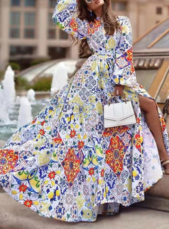 Resort Big Hem All Over Print High Split Beach Long Dresses