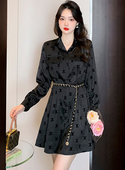 Lapel Jacquard Long Sleeve Mini Little Black Dresses