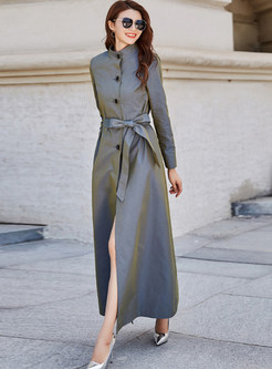 Business Mock Neck Tight Tie Strap Womens Long Trench Coats
