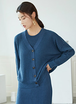 V-Neck Single-Breasted Batwing Sleeve Open Front Knitted