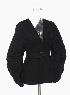 V-Neck Pleated Long Sleeve Gathered Waist Zipped Jackets For Women