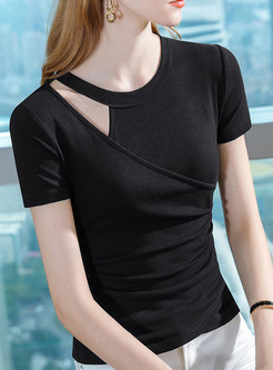 Crewneck Solid Color Cutout Shirred Tops For Women